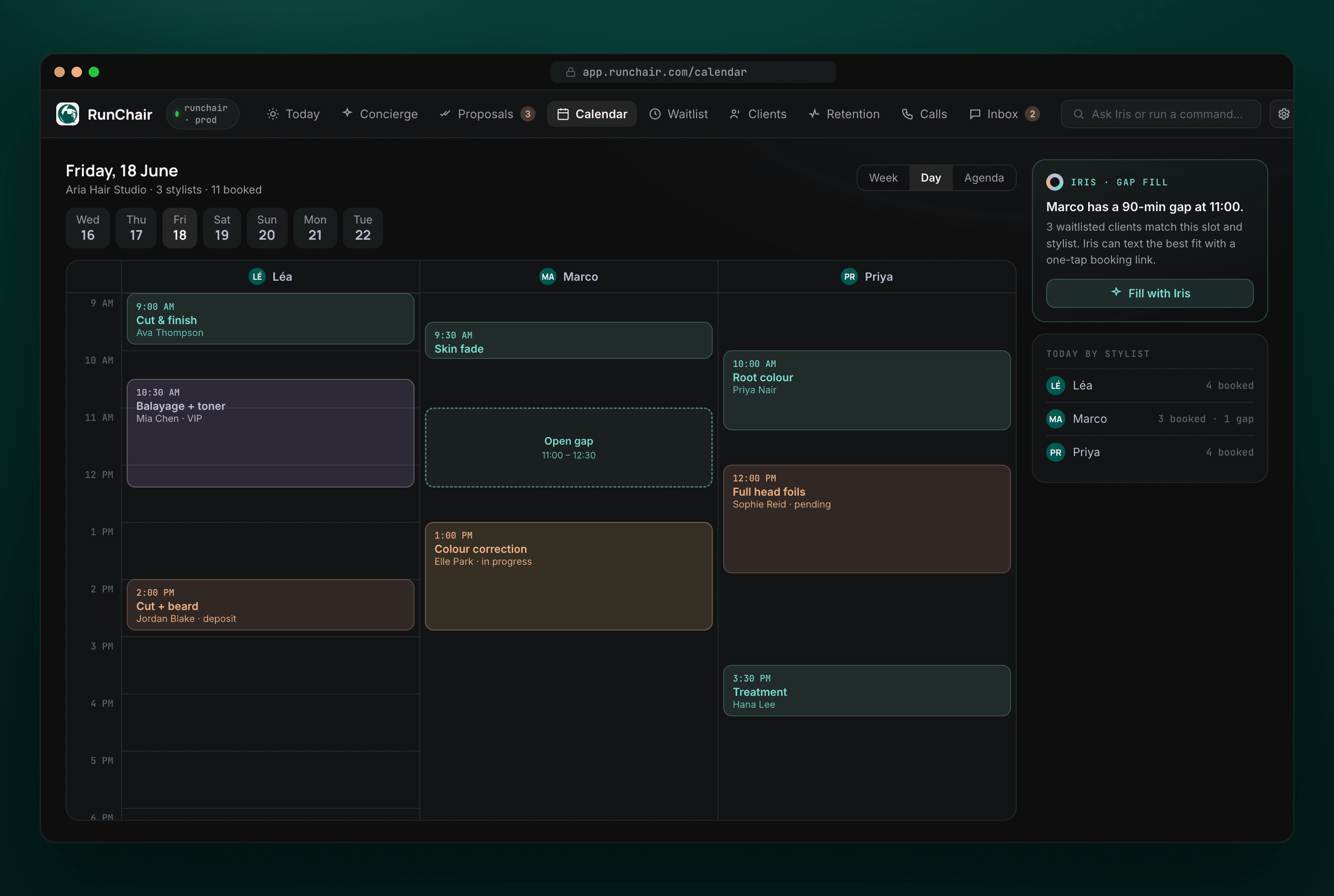 RunChair booking calendar showing a colour-coded day with Iris offering to fill an open gap from the waitlist