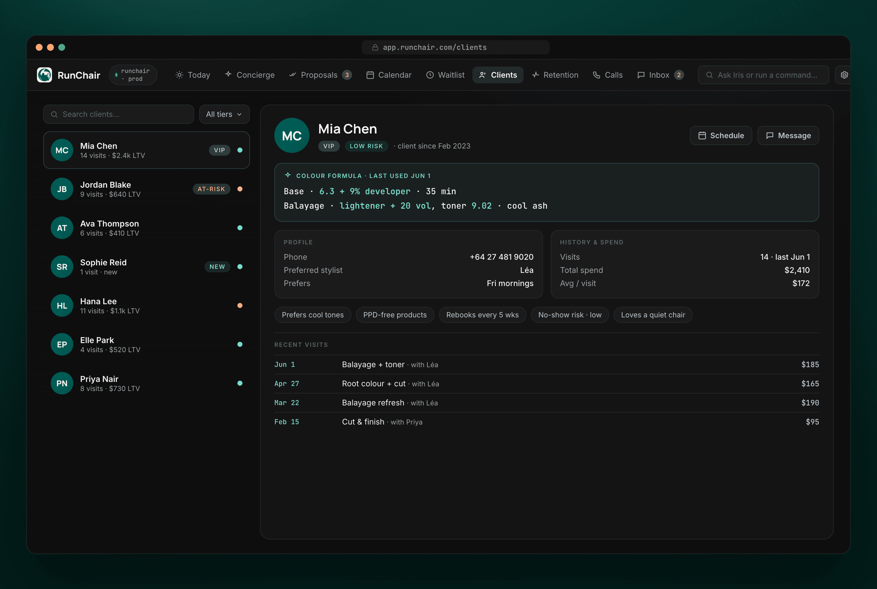 A RunChair client profile showing the colour formula, visit history and preferences