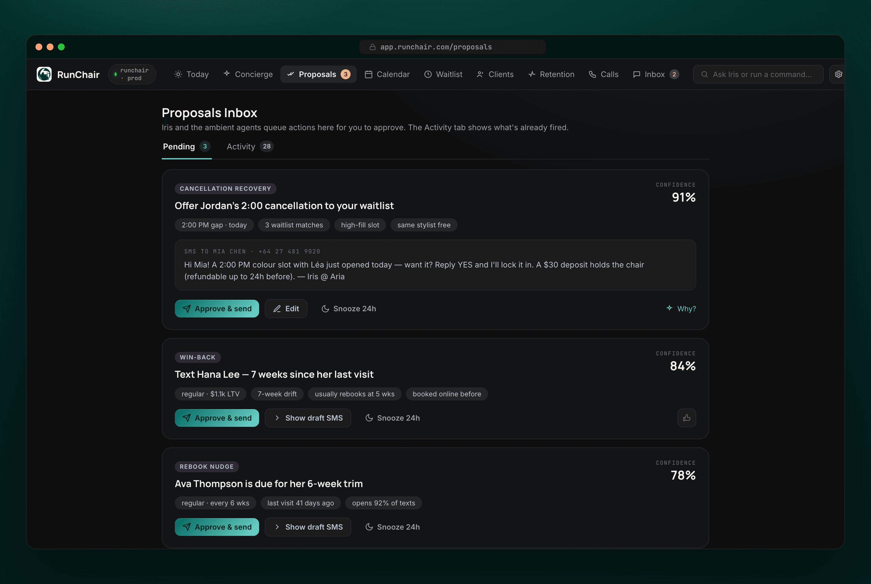 The RunChair proposals inbox where Iris and the ambient agents queue actions to approve