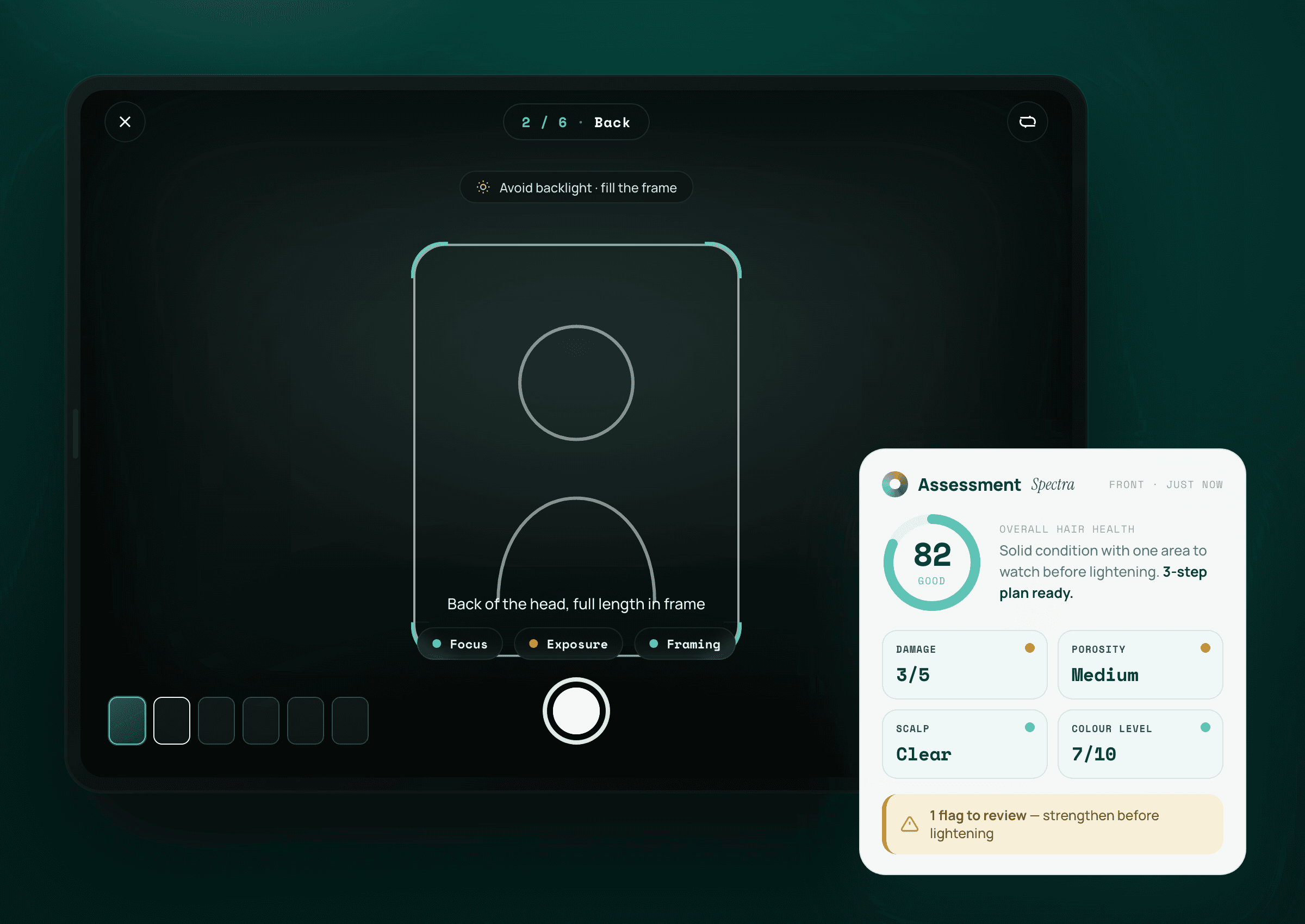 Design preview of the RunChair Spectra tablet: a guided hair-capture screen with on-device quality checks, beside an assessment summary showing an overall score and graded metrics